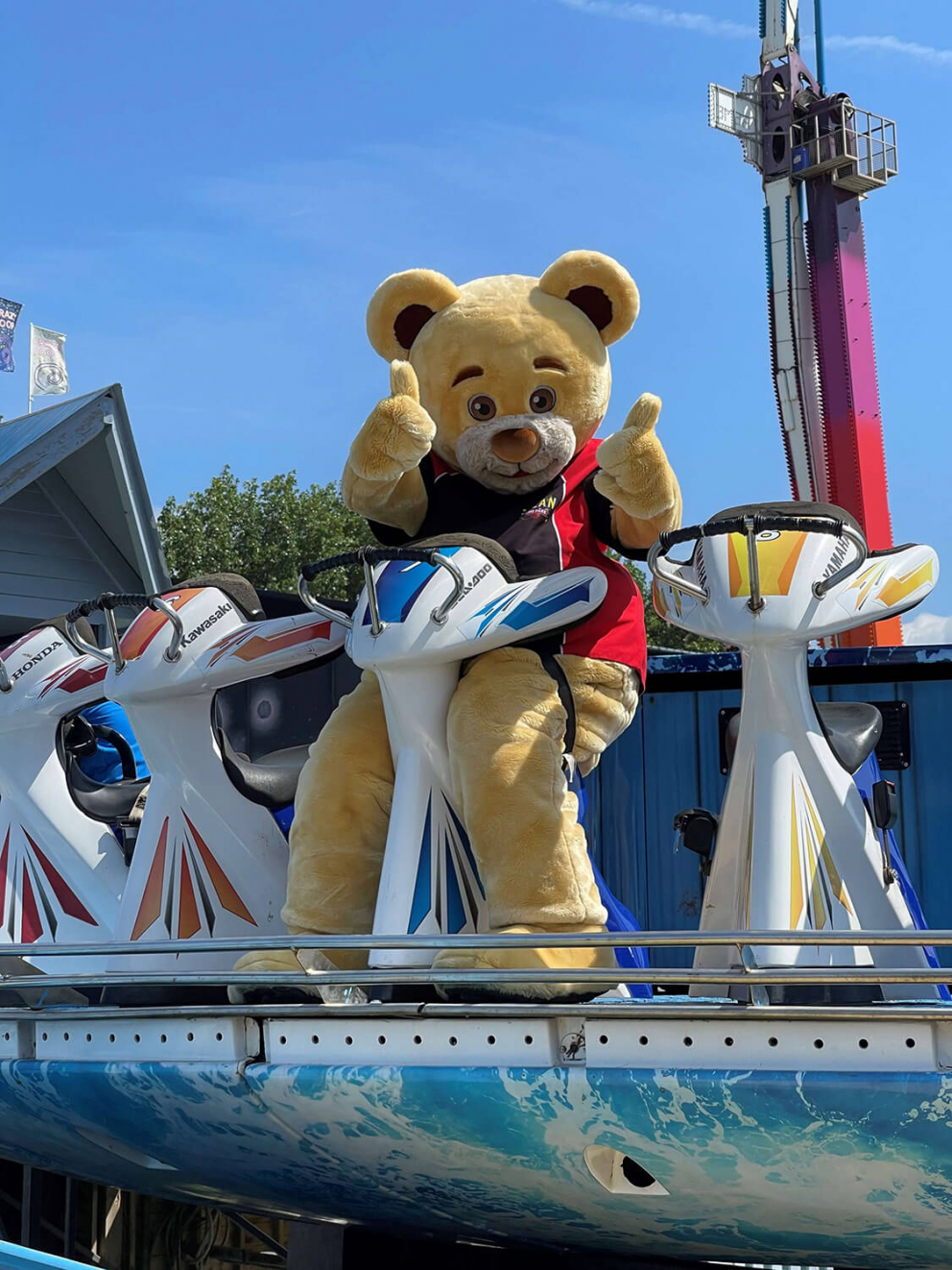Giant stuffed animals test ride roller coasters while theme parks are closed